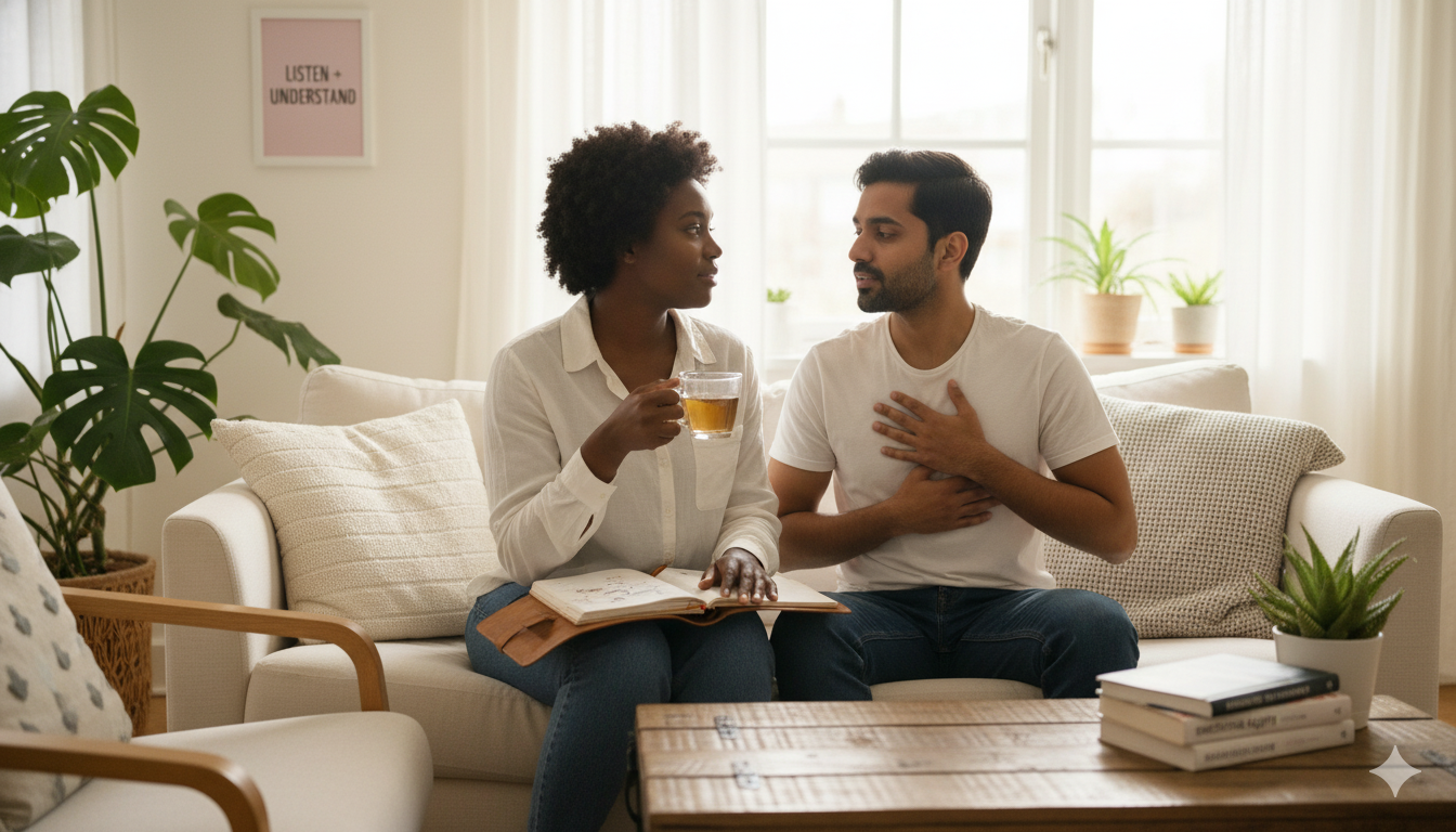 Diverse couple practicing emotional intelligence through empathetic conversation, journaling, and mindfulness for better relationships and mental health