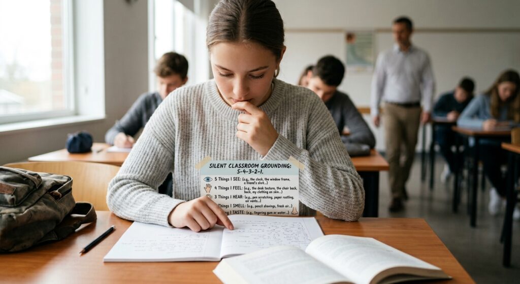 How to Do the 5-4-3-2-1 Technique Silently in Class Your heart starts pounding right when the teacher says “pop quiz.” Or you get called on and your mind goes blank. Or the room feels too loud, too bright and too small all at once. If you have ever felt that way at your desk, you know the worst part is that you cannot just stand up and walk out. Everyone would notice. The good news is that you can calm your body down right where you sit, and nobody has to know. The 5-4-3-2-1 technique is one of the easiest grounding tools out there, and it works with no sound and no movement. This guide shows you exactly how to do it silently in a classroom, how long it takes and what to do when things are not going smoothly. What Is the 5-4-3-2-1 Technique? The 5-4-3-2-1 technique is a grounding exercise that pulls your attention away from racing thoughts and back to the present moment through your five senses. You notice: 5 things you can see 4 things you can feel 3 things you can hear 2 things you can smell 1 thing you can taste Counselors, therapists and school psychologists use it with kids, teens and adults who deal with anxiety, panic or overwhelming stress. It takes about two minutes, it costs nothing and you do not need any equipment. Why Does the 5-4-3-2-1 Technique Work? When you feel anxious, your brain shifts into alert mode. Your breathing gets quick and shallow, your muscles tighten and your thoughts jump ahead to everything that could go wrong. Your mind is living in the future, and your body is reacting as if the danger is already here. Grounding gives your brain a different job. Finding five objects, noticing textures and listening for faint sounds takes real mental effort. Your attention has limited room, so when it fills up with sensory detail, there is less space left for spiraling thoughts. Many therapists describe this as bringing yourself back to the here and now. It also tells your body something simple. Right now, in this room, you are safe. That message helps your breathing slow and your shoulders drop. Why Do It Silently in a Classroom? At home you could say each item out loud, and many guides suggest that. A classroom is different. Talking would interrupt the lesson, draw attention to you and maybe make the anxious feeling worse. The silent version keeps all the benefits. You do the exact same steps inside your head. Nobody sees a thing, and you can use it during a lecture, a test, a presentation or a group discussion. It works at your desk, in the hallway between classes or in the lunchroom. How Do You Do the 5-4-3-2-1 Technique Silently? Step by Step Before you begin, sit comfortably. Put both feet on the floor. If you can, take one slow breath in through your nose and let it out gently. Nobody can see a calm breath, so this part is safe to do in class. Step 1: Find 5 Things You Can See Let your eyes move slowly around the room and pick out five objects. Do not just glance. Really look at each one and name it quietly in your mind with a small detail added. For example, you might think “blue marker on the whiteboard tray,” “a crack in the ceiling tile,” “the clock with the red second hand,” “a green backpack on the floor” and “the pencil mark on my desk.” Adding a detail like color, shape or size makes your brain work a little harder, and that is the whole point. You are giving your mind something specific to hold on to. Step 2: Find 4 Things You Can Feel Now shift your attention to your body and to what your body is touching. You can do this without moving much at all. Notice four things like these. Your feet pressing against the floor inside your shoes The chair holding up your back The surface of the desk under your forearms or hands The fabric of your sleeve or pants against your skin If you want a stronger sensation and can do it discreetly, press your fingertips together under the desk or rest your palm flat on your knee. Notice whether things feel warm, cool, rough, smooth, soft or hard. Step 3: Find 3 Things You Can Hear Close your eyes if that feels okay, or just soften your gaze toward your desk. Listen carefully and pick out three sounds. Start with the loud ones and then try to find quieter ones underneath. In a classroom you might hear the teacher’s voice, a pencil scratching, the hum of the lights or the air conditioner, a cough two rows over or footsteps in the hallway. Try to name each sound inside your head. Sometimes you will notice sounds that were there the whole time and you were just too stressed to hear them. Step 4: Find 2 Things You Can Smell This one can feel tricky in class, and that is okay. Breathe in gently through your nose and see what you notice. Maybe it is the dry-erase markers, the paper in your notebook, your hoodie, the eraser or a trace of someone’s lunch. If you cannot smell anything, that is fine. Just think of two smells you like. Fresh bread, rain on the ground, your favorite shampoo or the inside of a new book all count. Your brain responds to remembered smells almost the same way it responds to real ones. A small tip is to keep something with a pleasant scent in your bag. A bit of lip balm, a scented hand lotion or a mint in your pocket gives you something real to smell without anyone paying attention. Step 5: Find 1 Thing You Can Taste Pay attention to the inside of your mouth. You may notice the taste of your toothpaste from this morning, your last drink or just the plain taste of your mouth. If you are allowed to have a snack or water, a small sip or a mint can be your one taste. If not, you can imagine a flavor you love. Picture the first bite of your favorite food and let yourself taste it in your mind. Finish With One Slow Breath When you reach the end, take one more slow breath in and out. Then check in with yourself. Is your heartbeat a little slower? Are your shoulders lower? Is your jaw a little looser? You do not have to feel perfect. Even a small shift means the exercise worked. Can You Use Your Fingers to Count Silently? Yes, and many students find this makes the exercise easier to follow. Rest your hand on your lap or on your leg where it is not noticeable. As you find each item, press one finger down against your thumb or your leg. Start with five fingers up for the five things you see and fold one finger down as you spot each object. Then repeat with four fingers for the next sense and so on. The counting gives your hands something to do and keeps you from losing your place if your mind wanders. What Is a Quick Version of the 5-4-3-2-1 Technique? Sometimes you only have thirty seconds. Maybe the teacher is about to call on you or the test papers are being handed out. Here is a short version that still works. Name three things you can see Name two things you can feel Name one thing you can hear You can also do a one-sense version. Choose a single sense and go deep. For example, spend one full minute looking for details in a single object, like a poster on the wall. Notice every color, every letter and every shadow. Short versions are not as strong as the full exercise, but they can take the edge off when time is tight. When Should Students Use the Silent 5-4-3-2-1 Technique? Think of this as a tool you can reach for at any time. Some moments where it helps a lot include these. Right before a test starts or when you feel stuck partway through When you are waiting to give a presentation When you are called on and your mind goes blank After getting upsetting news or a harsh comment When the room is loud and feels overwhelming During a panic or strong anxiety wave When your thoughts keep looping about something at home or with friends It also helps to practice when you feel fine. If you try it at home a few times, it becomes familiar. Then when you really need it in class, your brain already knows the steps and you do not have to think about how. How Can Teachers Support Silent Grounding in the Classroom? Teachers play a big part in making this tool easy to use. A few simple habits make a real difference. Teach it to the whole class. When everyone learns the technique at the same time, no single student feels singled out. It becomes a normal classroom skill, like taking a deep breath before a test. Offer a silent signal. Some classrooms use a small card on the desk or a hand gesture that tells the teacher “I need a minute.” The student can then ground themselves without having to explain anything. Put a poster on the wall. A simple chart that lists the five senses and the numbers gives students a visual reminder. They can glance at it without anyone knowing why. Build in short calm moments. A one minute grounding break before an exam or after a noisy activity helps the whole room settle down. Respect privacy. If a student is using the technique, let them. Do not call attention to it or ask them to explain in front of peers. What Mistakes Should You Avoid? A few common things can make the exercise feel harder than it needs to be. Rushing. The technique works best at a slow pace. Give yourself a few seconds on each item instead of racing through the list. Being too hard on yourself. If your mind wanders, that is normal. Just come back to where you were without any self-criticism. Forcing it. Some days the exercise will feel great and other days it will feel plain. Both are fine. The more you practice, the more reliable it becomes. Expecting it to fix everything. Grounding helps you through a hard moment. It does not replace help from a counselor, a doctor or a trusted adult if anxiety is a regular struggle for you. Frequently Asked Questions How long does the 5-4-3-2-1 technique take? The full version takes about two to five minutes depending on how slowly you go. A short version can take less than a minute. Can I do the 5-4-3-2-1 technique during an exam? Yes. Because it is silent and still, it will not disturb anyone. Many students use it right at the start of a test to settle their nerves, or in the middle if they freeze up. What if I cannot smell or taste anything? That happens often, and it is completely fine. Think of smells and tastes you enjoy and imagine them as clearly as you can. Your brain still gets the benefit. Does the 5-4-3-2-1 technique work for panic attacks? Many people find it helpful during panic because it pulls attention away from fear and toward the surroundings. It may not stop a panic attack completely, but it can make the wave feel smaller. If you have frequent panic attacks, please talk to a doctor or counselor. Is the technique safe for kids? Yes. It is simple, gentle and has no side effects. School counselors often teach it to children as young as six or seven using simple language and pictures. Should I practice it before I need it? Yes. Practicing when you feel calm builds the habit, so the steps come easily when you are stressed. What if it does not work for me? Not every tool fits every person. You can try other grounding methods like slow breathing, pressing your feet into the floor or holding a small object in your pocket. If nothing seems to help and your worry affects school or sleep, reach out to a school counselor or healthcare provider. Final Thoughts You do not need a quiet room, a special place or any permission to calm your mind. With a little practice, the 5-4-3-2-1 technique fits into the small gaps of a school day. A few slow looks around the room, a few moments of noticing your body and a couple of quiet breaths can change how the next hour feels. Try it once this week while you feel fine. Then you will have it ready the next time your heart starts racing in the middle of class.